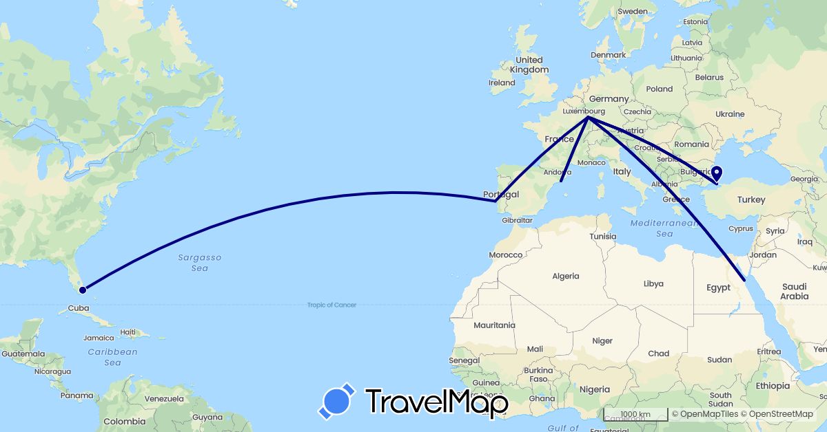 TravelMap itinerary: driving in Egypt, Spain, France, Portugal, Turkey, United States (Africa, Asia, Europe, North America)